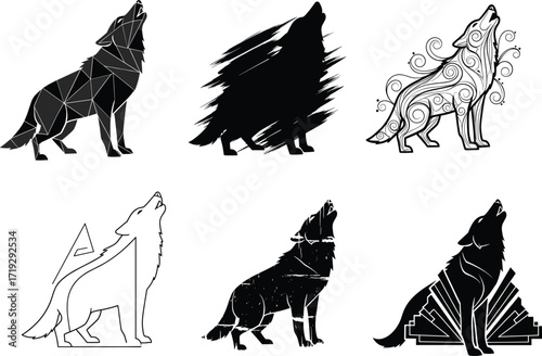 Stylized howling wolves in six artistic styles, including geometric, silhouette, ornate, realistic, minimal, and art deco vector illustrations