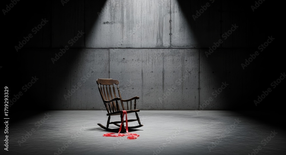 Fototapeta premium Solitary Rocking Chair with Red Ribbon in Dark Concrete Room
