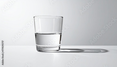 Clear glass half-filled with water on white surface and background