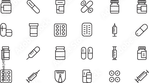 Medical icons collection representing syringes, pills, bottles, and pharmaceutical products.