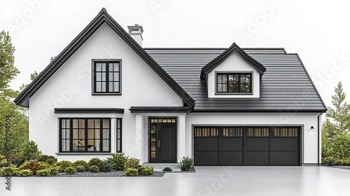 Modern white family house with black window frames and garage doors, surrounded by green shrubs and trees, featuring clean driveway and pitched roof design