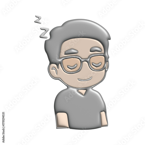 Sleeping cartoon character with closed eyes and Zzz symbol above head, wearing glasses