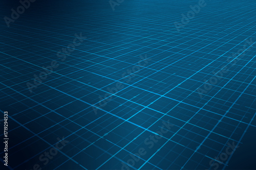 Abstract perspective background. Glowing grid square pattern, digital wireframe lines. Futuristic technology 3D modern graphic design. Network data, energy, science concept. Solar panel illustration.