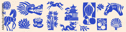 Chinese new year icon set with horse, dragon, lantern, dumplings and traditional Asian symbols in hand drawn style