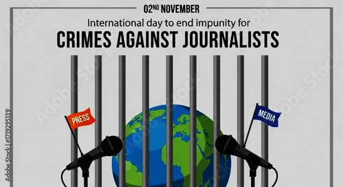 Imprisoned Globe with Microphones and Press Flags: Symbol of Censorship Against Journalists