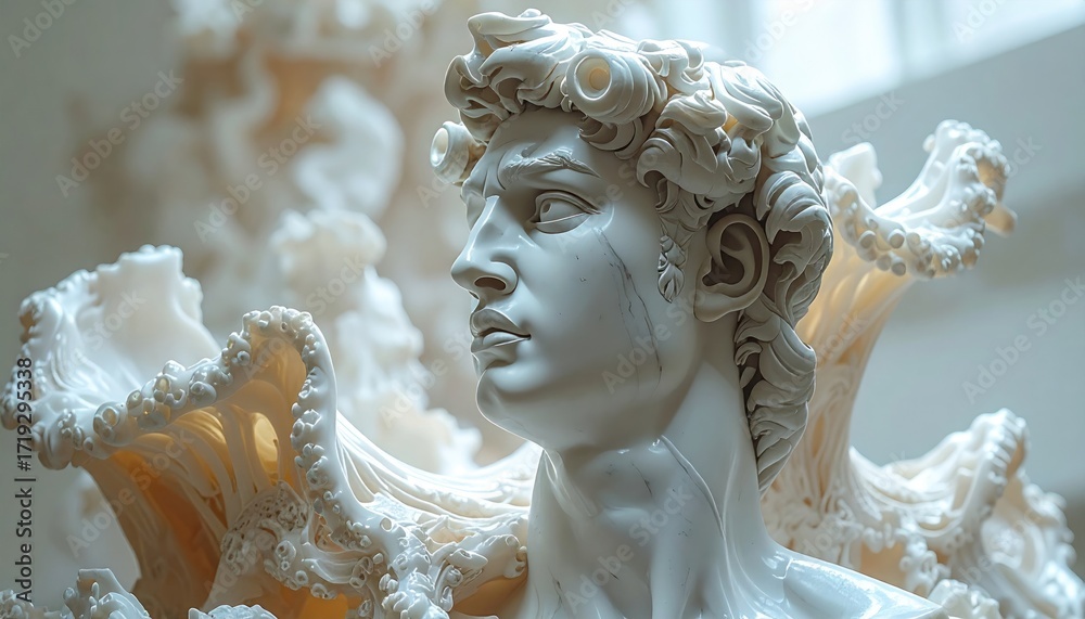 Fototapeta premium Close up of a white marble sculpture of a man's bust with curly hair, neck, and shoulder, with swirling sculpted background