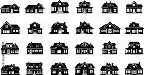 House icons, architectural styles, black and white, residential design, roof shapes, window layout, porch, chimney, siding, vector illustration, home silhouette, building facade, minimal design