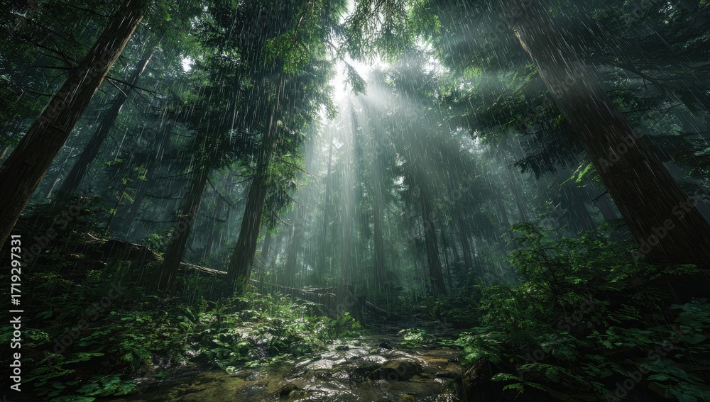 Obraz premium Sunlight streams through a lush, misty forest after rain
