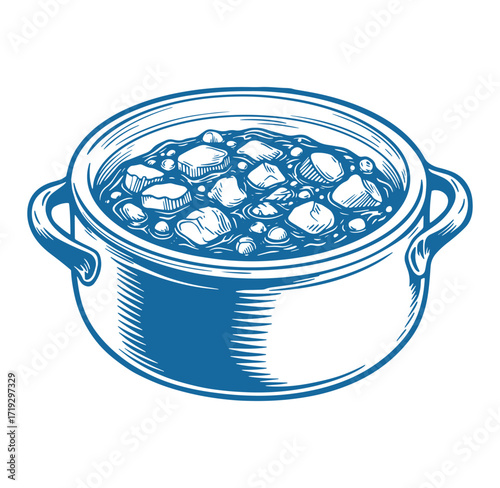 A detailed blue engraved illustration of stew boiling in a cooking pot over white background
