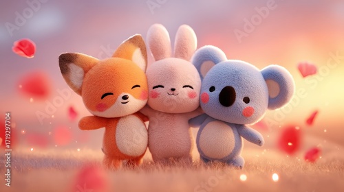 Adorable Trio: A heartwarming image of three cute, cuddly animals--a fox, a bunny, and a koala bear--standing together in a close embrace.