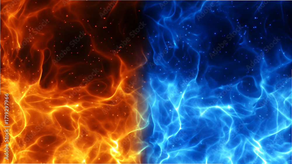 Obraz premium Dynamic Duality: Abstract Red and Blue Fire Energy Background. Vibrant Contrast of Glowing Particles, Smoke Texture, and Elemental Flames – Heat and Cold Visuals.