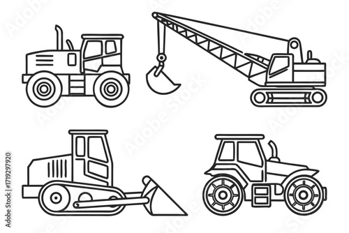 Vector illustration of heavy industrial transportation machinery, including a set of tractors, trucks, and a bulldozer