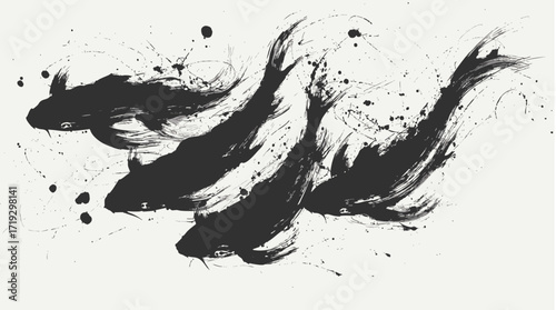 Asian koi carp ink painting grunge style illustration with traditional Japanese brush strokes
