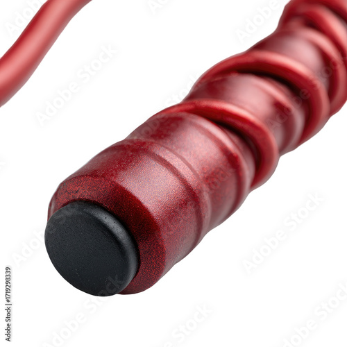 Close-up of a bright red jump rope handle with a black end cap
