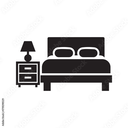 Bedroom furniture glyph icon. Double bed with nightstand and lamp silhouette. Hotel or home interior symbol for sleep and rest, vector illustration.
