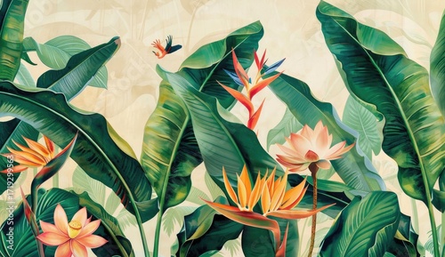 Lush tropical foliage and vibrant bird of paradise flowers create a serene, detailed botanical illustration against a muted beige backdrop