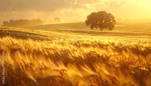 Golden wheat field at sunset, single tree on hill