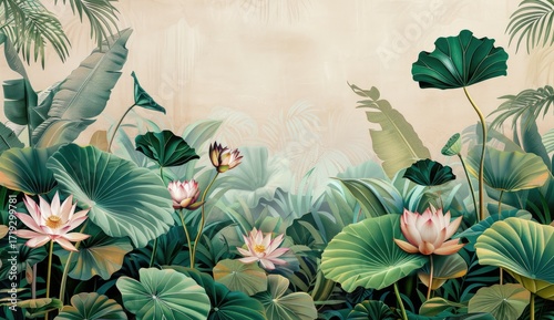 Lush tropical scene featuring vibrant pink water lilies amongst large, deep green leaves and foliage, set against a soft beige background
