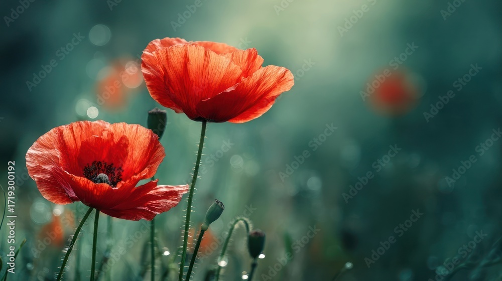 Obraz premium Two vibrant red poppies in a field, bathed in soft, ethereal light, against blurred backdrop