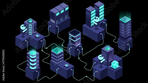 3d isometric concept big data center with server animation. Cloud computing. Network mainframe infrastructure. Isometric high technology. Transparent background with alpha channel