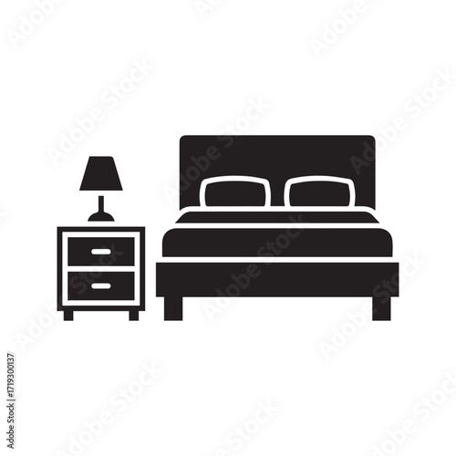 Bedroom furniture glyph icon. Double bed with nightstand and lamp silhouette. Hotel or home interior symbol for sleep and rest, vector illustration.
