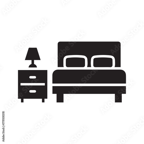 Bedroom furniture glyph icon. Double bed with nightstand and lamp silhouette. Hotel or home interior symbol for sleep and rest, vector illustration.
