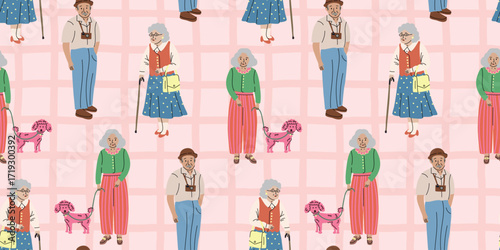 Seamless pattern with elderly people and dog in flat illustration style. Background for grandma or grandpa cards