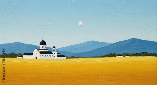 Rural Landscape With White Church Under Blue Sky