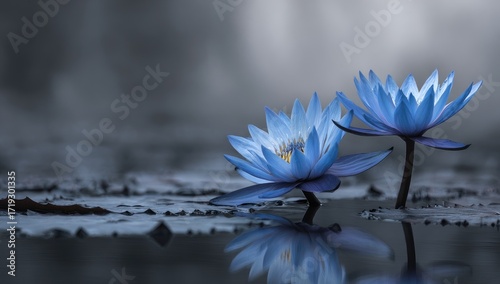 Two vibrant blue water lilies in a serene pond setting