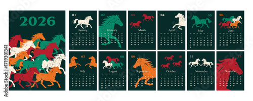 2026 calendar design with artistic running horses illustration, colorful year of the horse wall art, decorative yearly planner template