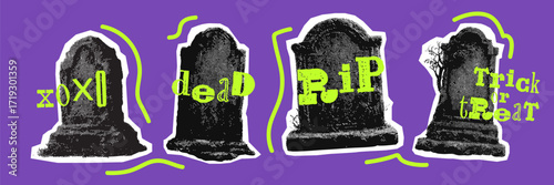 Halloween spooky grave stone elements. Grunge halftone cemetery toombstone