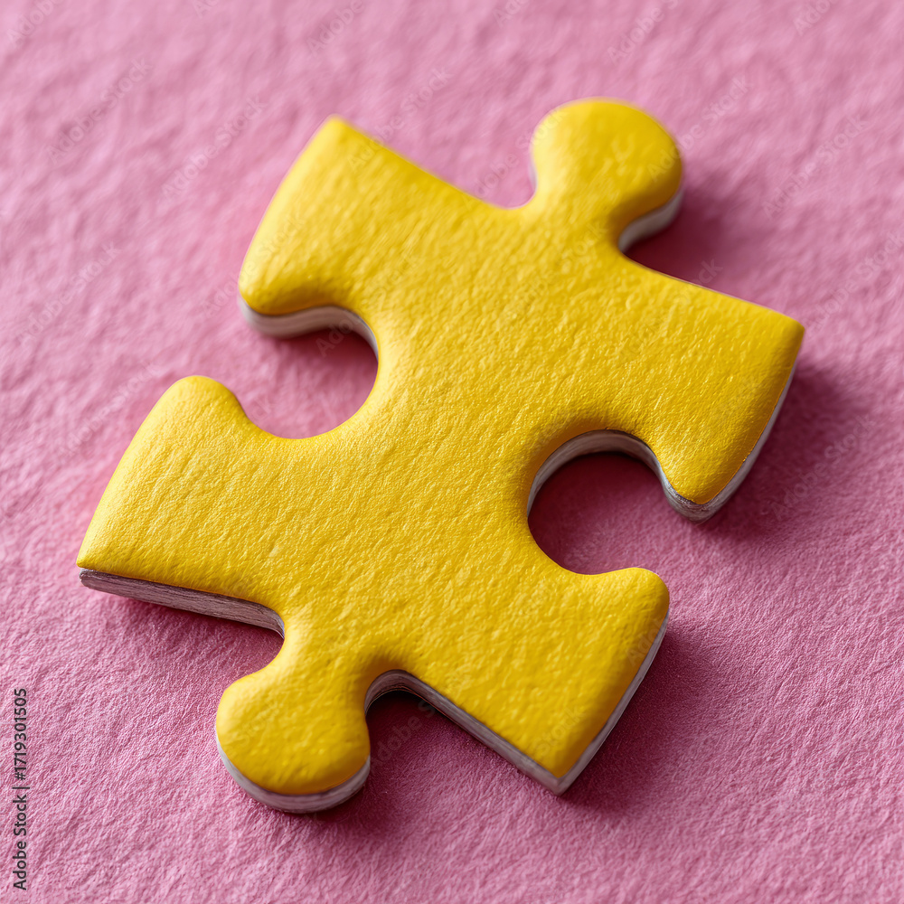 Fototapeta premium Yellow puzzle piece on a pink background, symbolizing solutions.