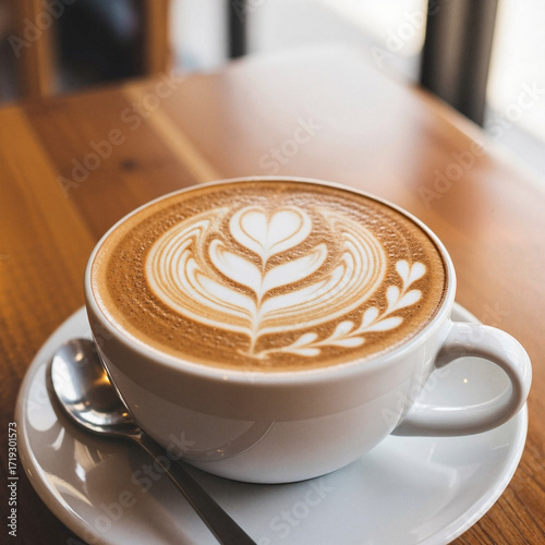 Latte with heart foam in white cup on wooden table  