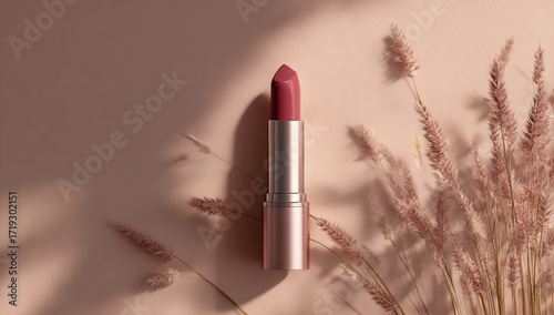 Elegant pink lipstick tube with soft natural light and pampas grass shadows