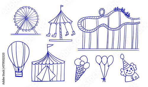 hand drawn Amusement park themes vector illustration elements set, including Ferris wheel, roller coaster, hot air balloon, ice cream, swing carousel ride, clown and balloon, circus tent.