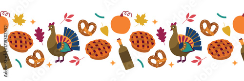 Thanksgiving seamless pattern, vector illustration. Bright bird turkey, pumpkin, wine, pie. Ideal for website backgrounds, greeting cards, holiday projects