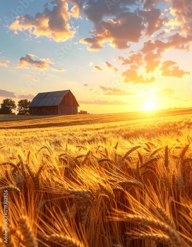 Golden wheat field at sunset
