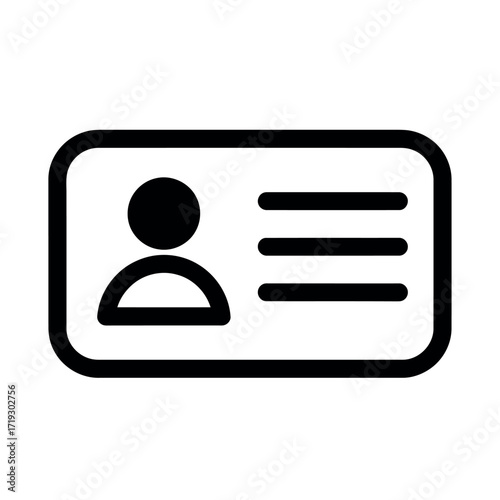 Vector illustration of simple black icon representing an id card or identification badge with a person silhouette and text lines
