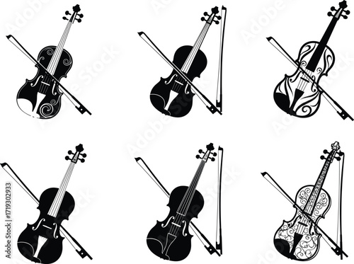 Stylized violin vector set, six artistic instrument illustrations with bow, ornate patterns, geometric shapes, classical music, and decorative design