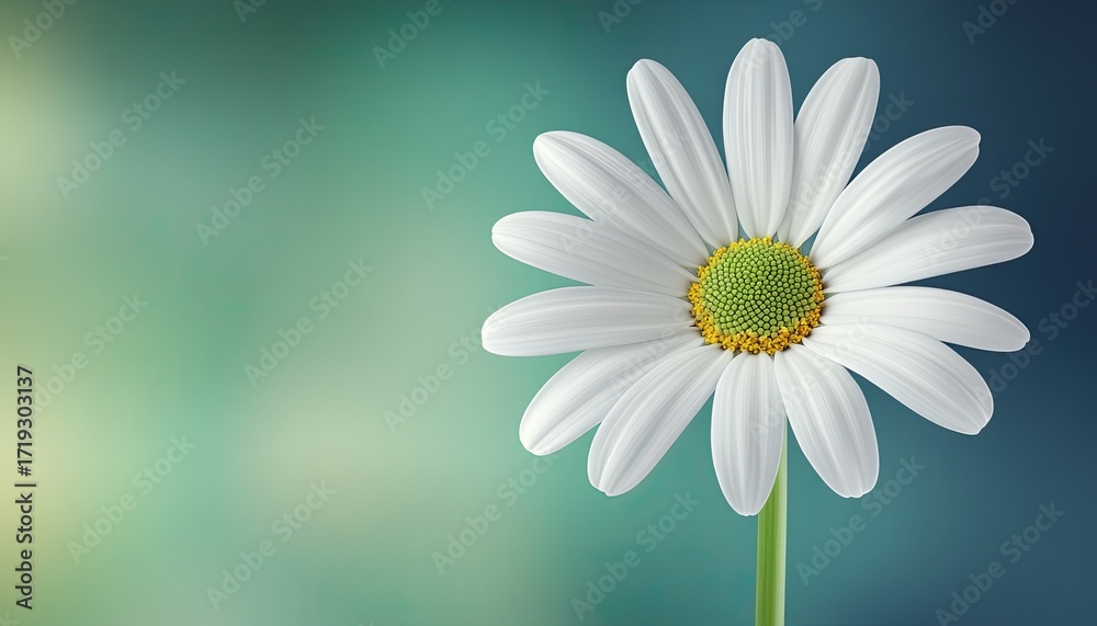 Fototapeta premium Single white daisy against soft teal and yellow background