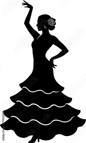 Flamenco Dancer Silhouette with Rose and Traditional Spanish Dress