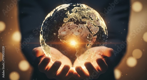 Glowing Earth Held Carefully In Open Hands With Bokeh Background