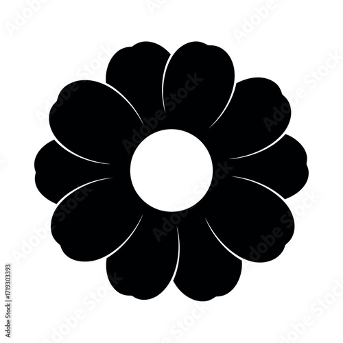 Vector illustration of black silhouette of a stylized flower with many petals and a central circle