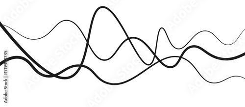Abstract black thin wave lines flowing smoothly across a clean white background in a minimalist vector illustration design.
