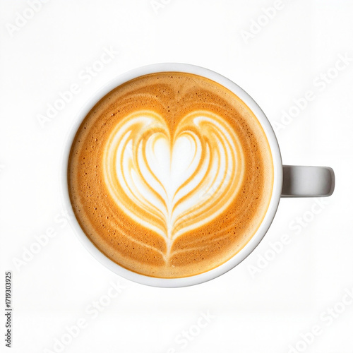 Latte with heart foam on a white background, copy space  