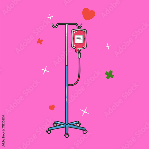 An IV bag connected to a stand, a common sight in hospitals and clinics for intravenous fluid administration
