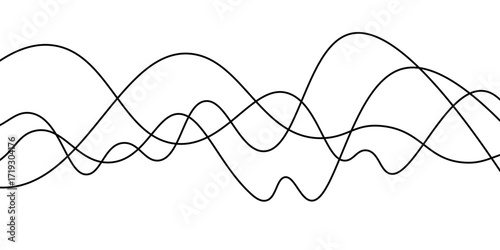 Abstract black thin wave lines flowing smoothly across a clean white background in a minimalist vector illustration design.
