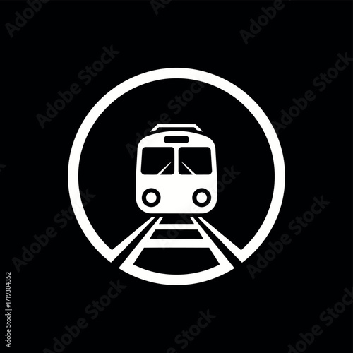 Vector illustration of a white graphic of a train on train tracks inside a circle on a, representing public transportation and travel