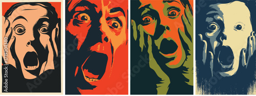 Halloween scream face illustration set with scary shocked expressions for poster and party design
