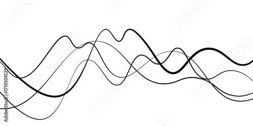 Abstract black thin wave lines flowing smoothly across a clean white background in a minimalist vector illustration design.

